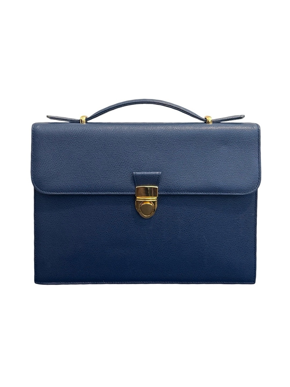 YSL Yves Saint Laurent Navy Leather Top-Handle Laptop Bag with Gold Hardware